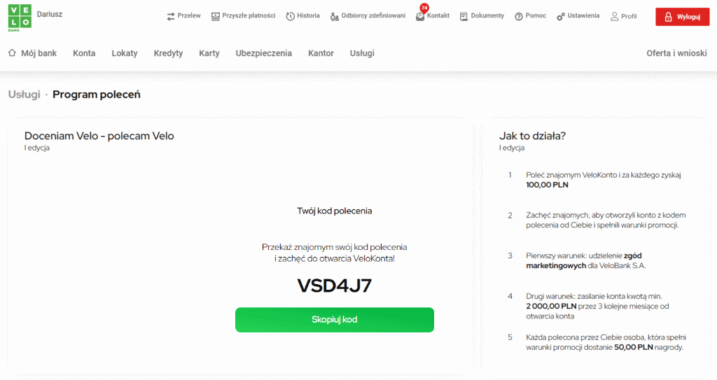 VeloBank program polecający poleceń
