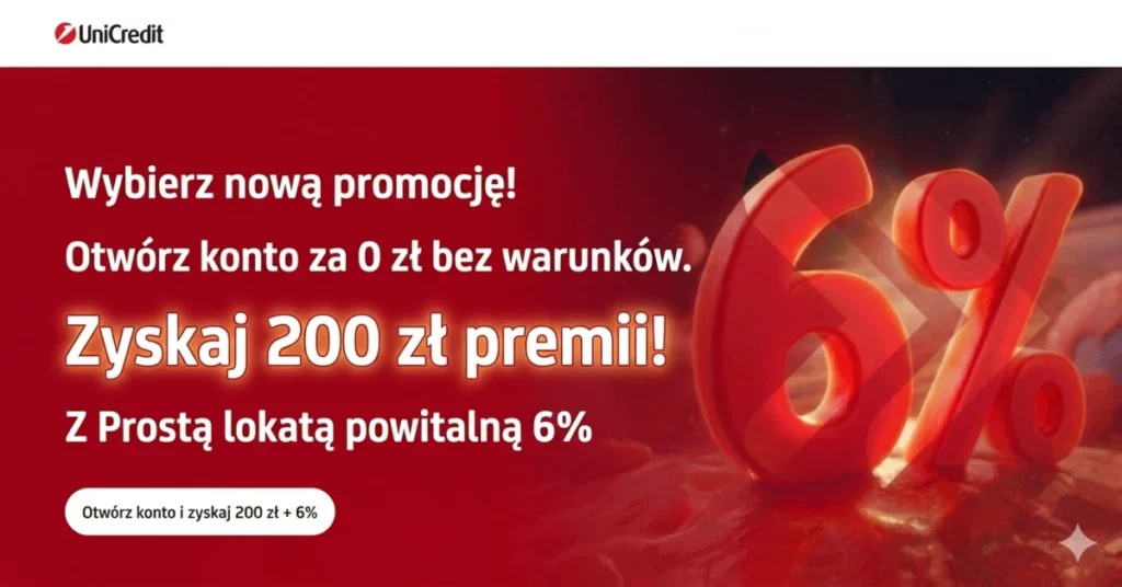 Konto Unicredit premia 200 zł maj 2026 lokata 6%